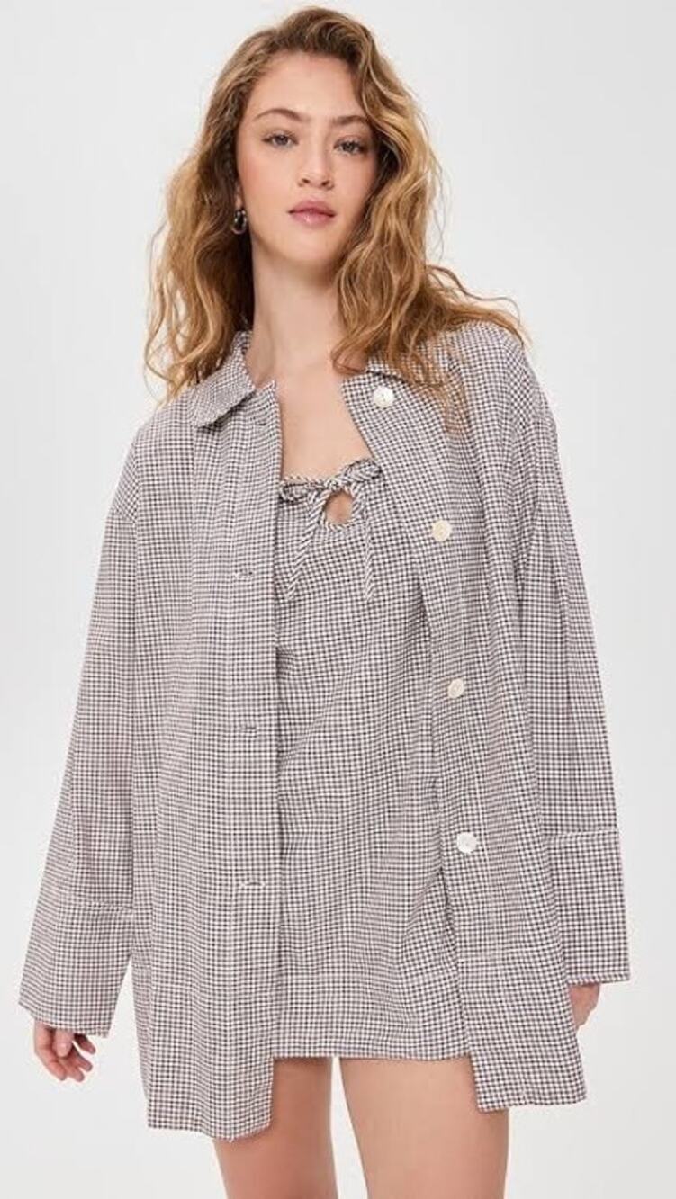Free People Arlo Gingham Check 2 Piece Mini Dress Long Sleeve Shirt Co-Ord Set S